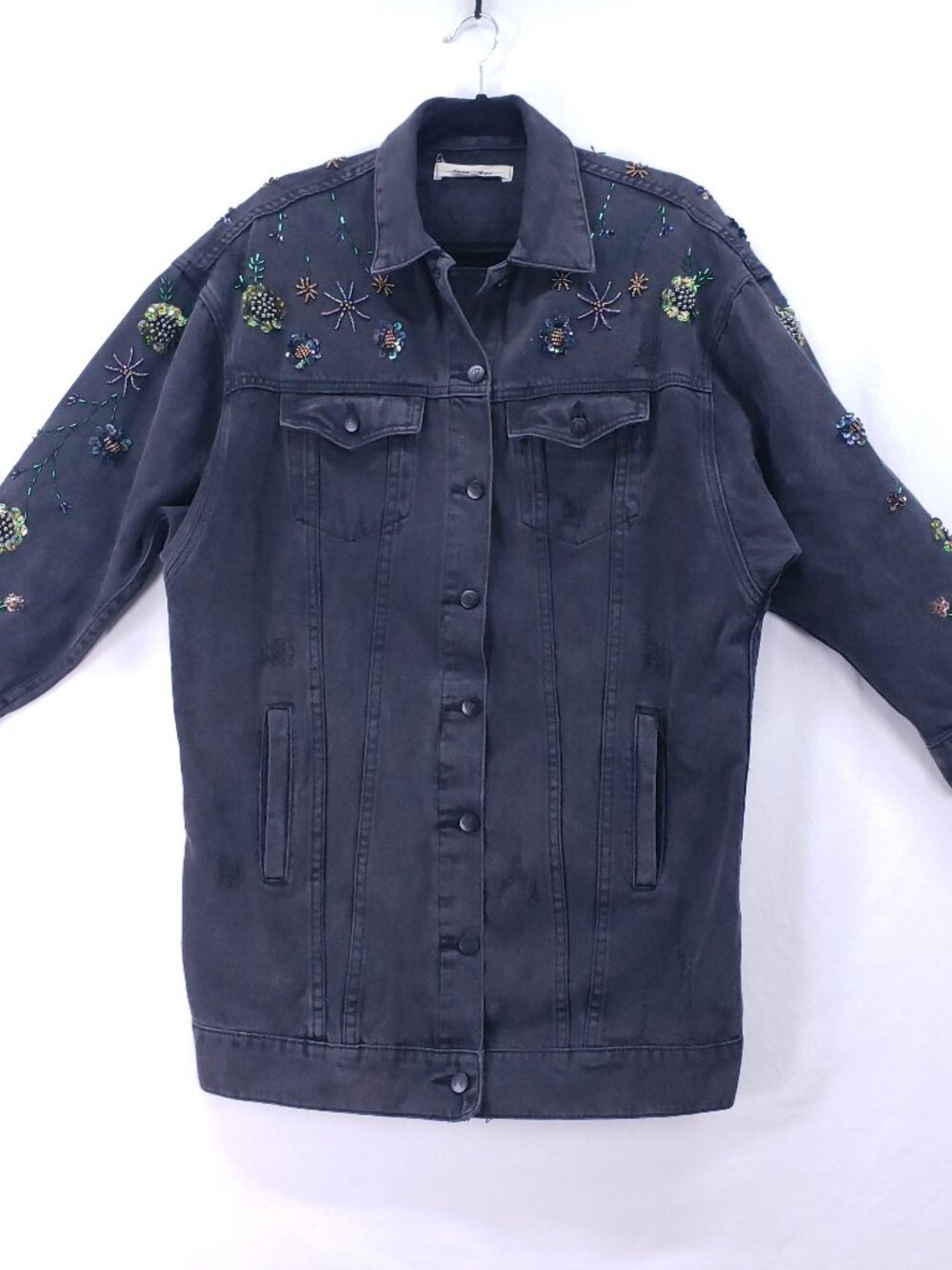 Tang Fei Denim Jacket Sz 40 Button Floral Sequin Distress Mid Length Rock Punk